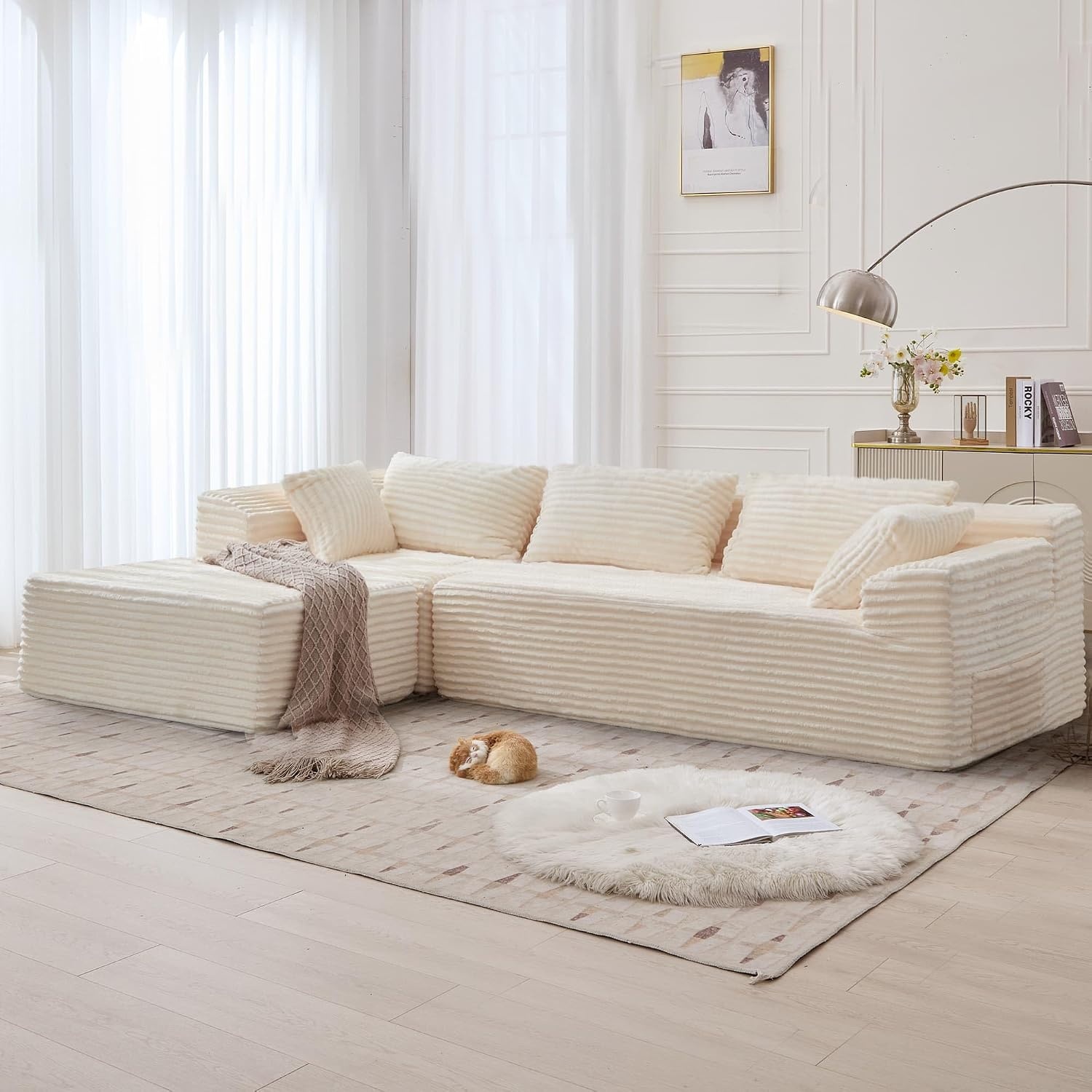 image:imageKorser 110 LShaped Modular Sectional Sofa with Chaise Boneless Comfy Corduroy Fluffy Couch with Deep Seat and Side Pockets Flexible Module Combination for Living Room No Assembly Side PocketsLvory