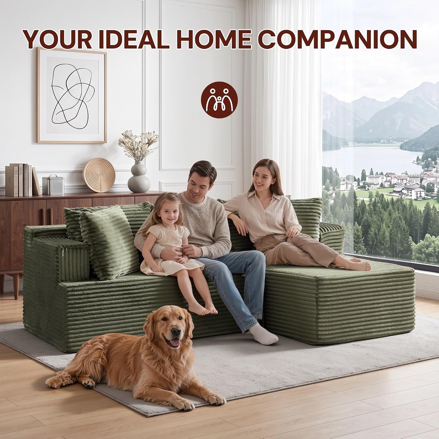 image:imageKorser 110 LShaped Modular Sectional Sofa with Chaise Boneless Comfy Corduroy Fluffy Couch with Deep Seat and Side Pockets Flexible Module Combination for Living Room No Assembly Side PocketsGreen