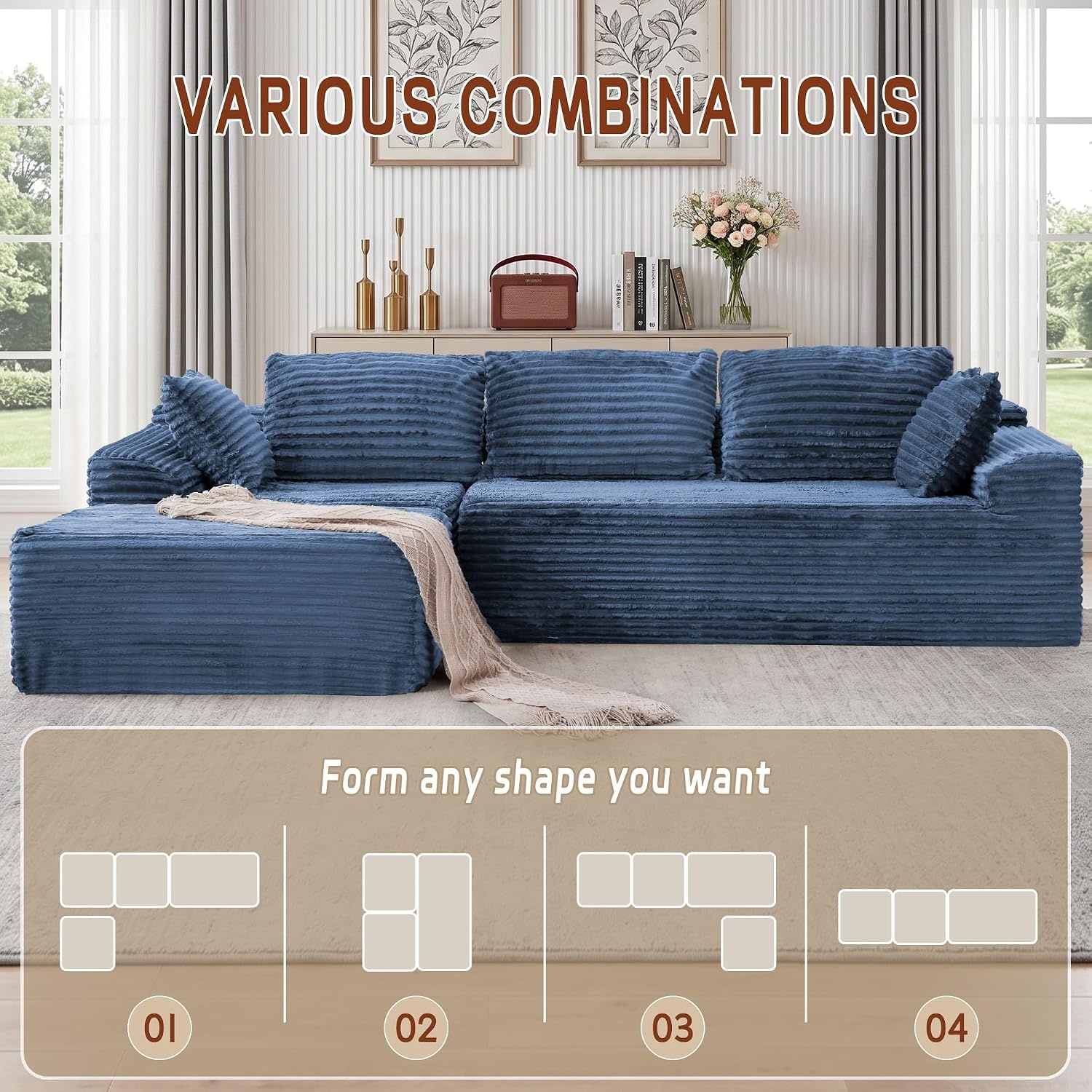 image:imageKorser 110 LShaped Modular Sectional Sofa with Chaise Boneless Comfy Corduroy Fluffy Couch with Deep Seat and Side Pockets Flexible Module Combination for Living Room No Assembly Side PocketsBlue