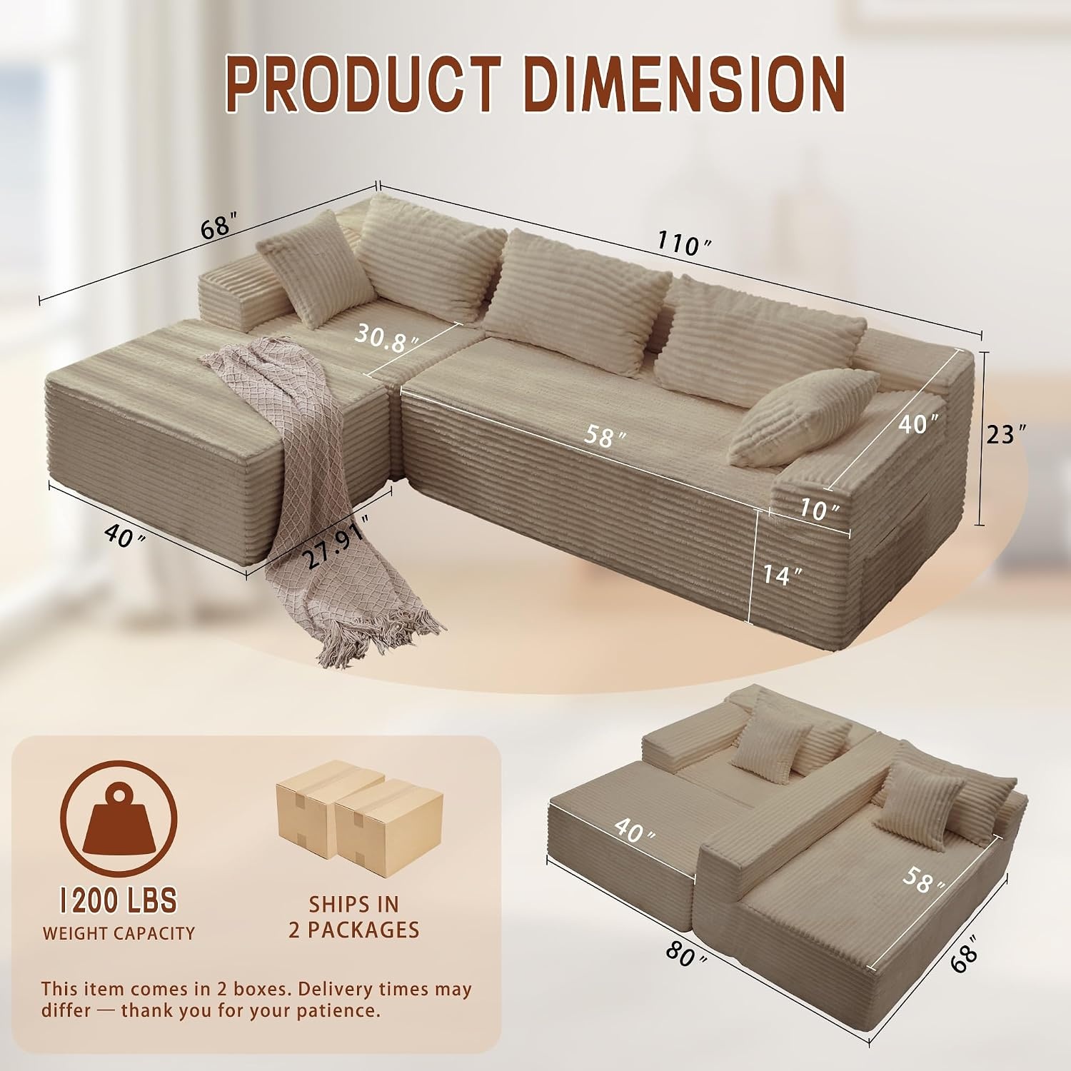 image:imageKorser 110 LShaped Modular Sectional Sofa with Chaise Boneless Comfy Corduroy Fluffy Couch with Deep Seat and Side Pockets Flexible Module Combination for Living Room No Assembly Side PocketsKhaki