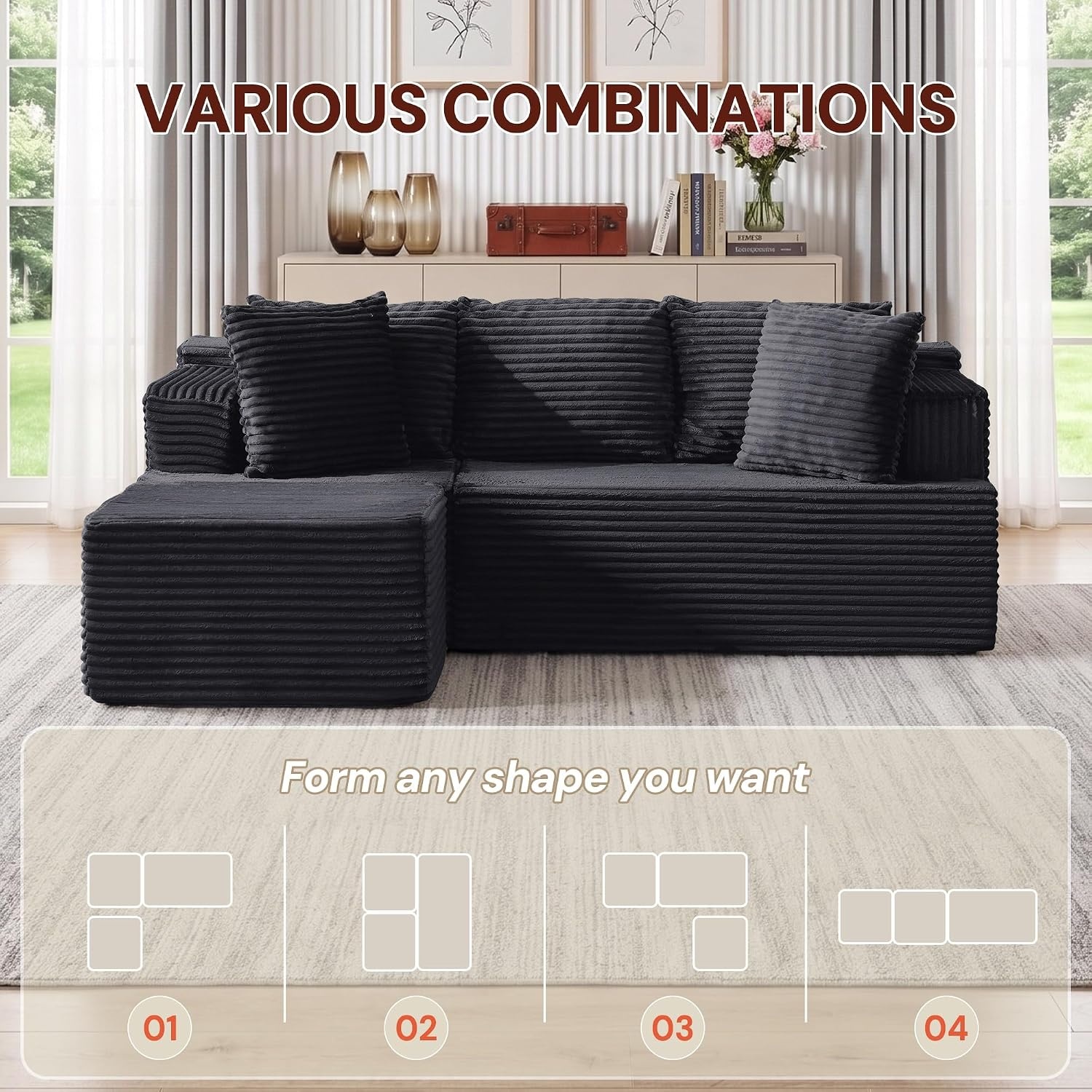 image:imageKorser 110 LShaped Modular Sectional Sofa with Chaise Boneless Comfy Corduroy Fluffy Couch with Deep Seat and Side Pockets Flexible Module Combination for Living Room No Assembly Side PocketsBlack