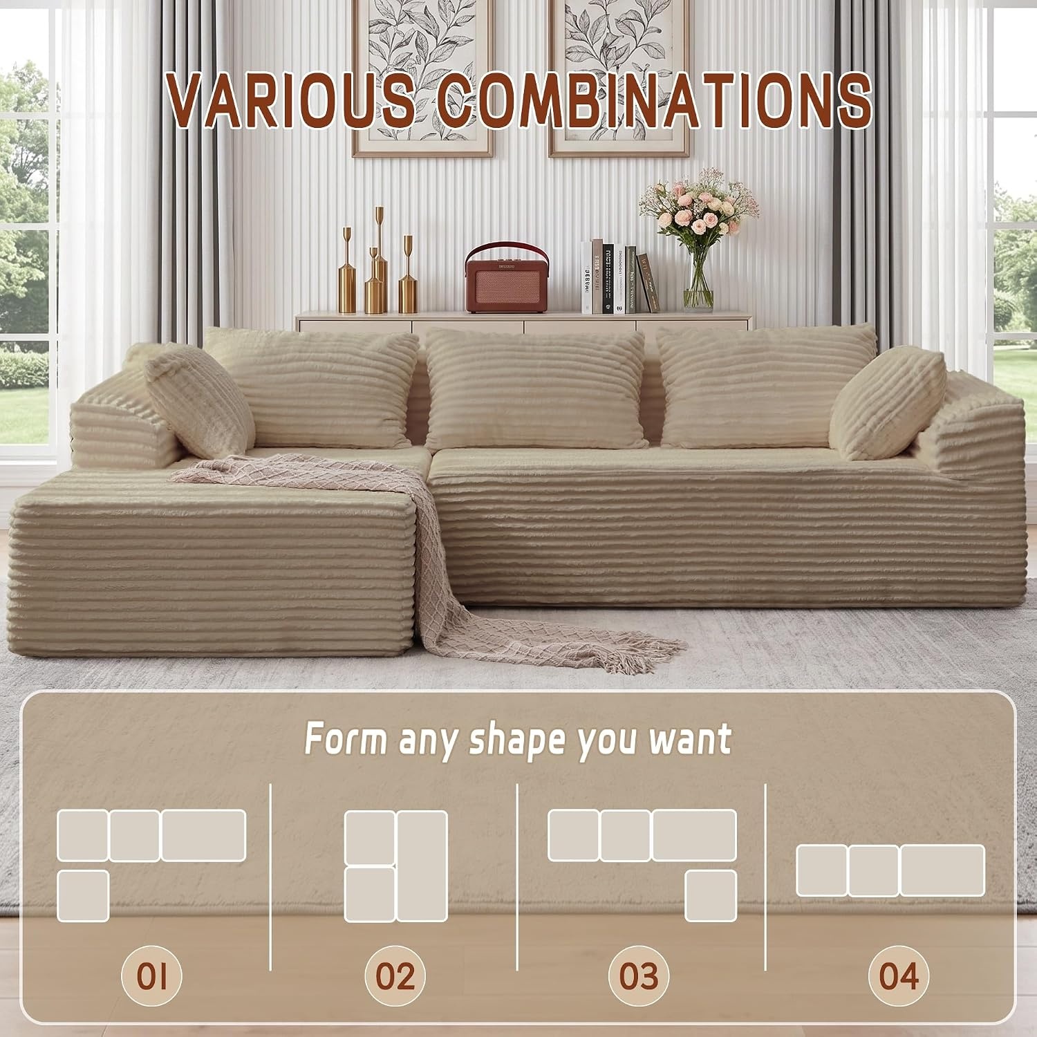 image:imageKorser 110 LShaped Modular Sectional Sofa with Chaise Boneless Comfy Corduroy Fluffy Couch with Deep Seat and Side Pockets Flexible Module Combination for Living Room No Assembly Side PocketsKhaki