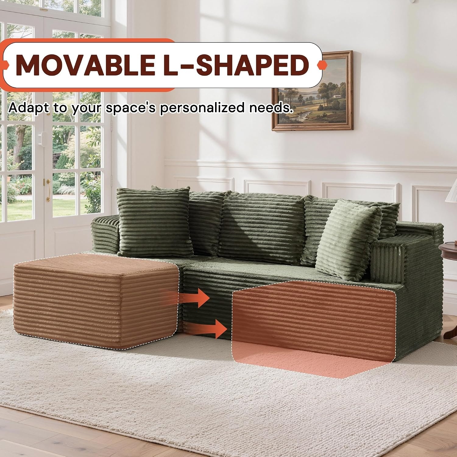 image:imageKorser 110 LShaped Modular Sectional Sofa with Chaise Boneless Comfy Corduroy Fluffy Couch with Deep Seat and Side Pockets Flexible Module Combination for Living Room No Assembly Side PocketsGreen