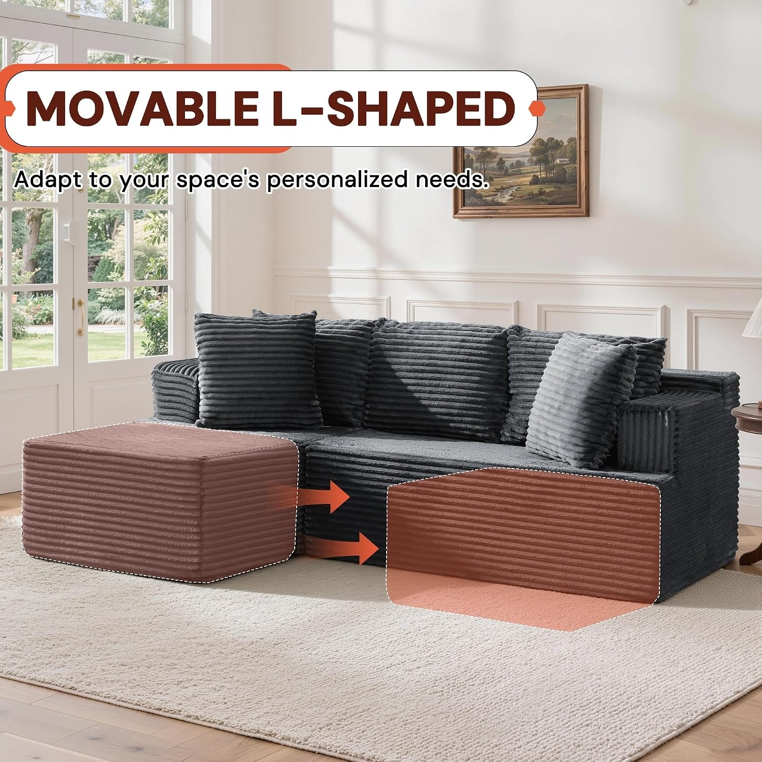 image:imageKorser 110 LShaped Modular Sectional Sofa with Chaise Boneless Comfy Corduroy Fluffy Couch with Deep Seat and Side Pockets Flexible Module Combination for Living Room No Assembly Side PocketsGrey