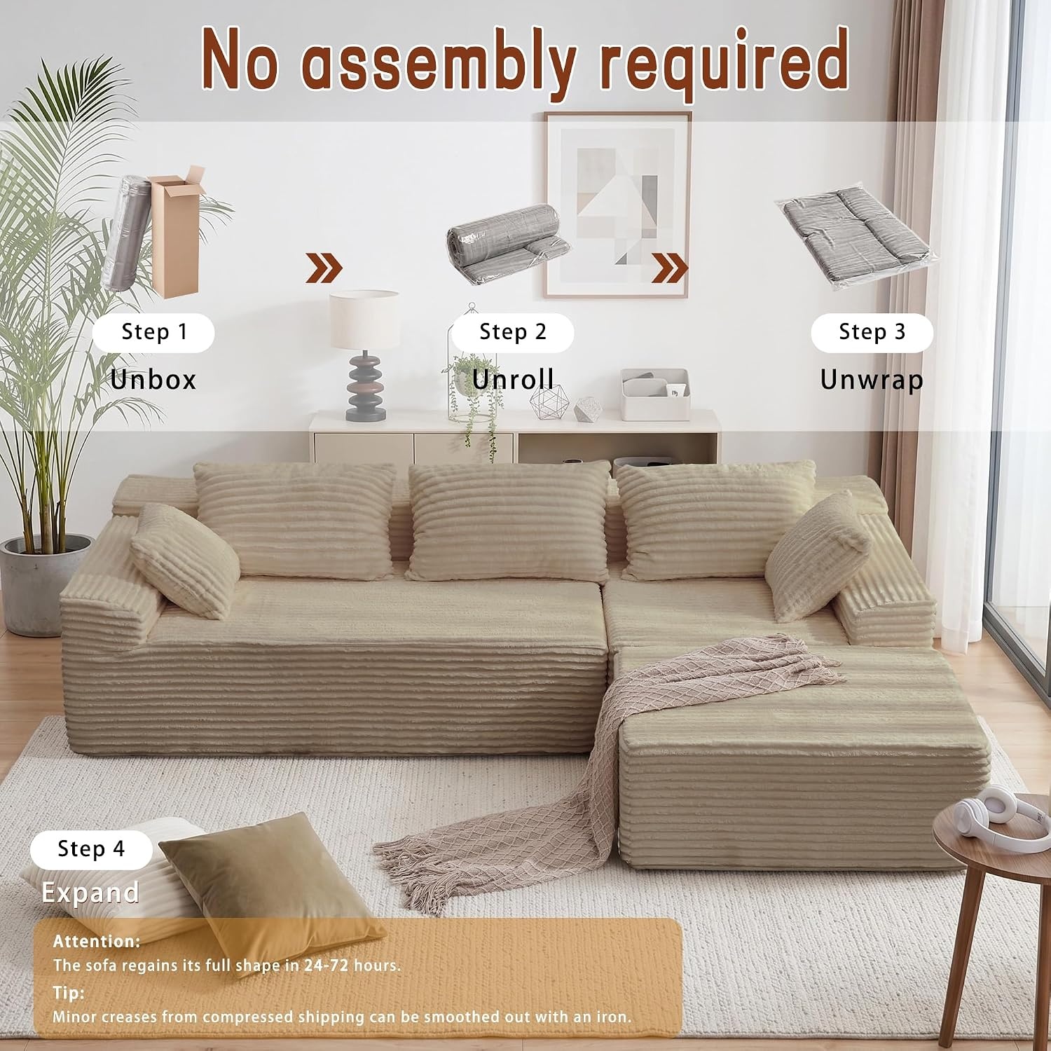 image:imageKorser 110 LShaped Modular Sectional Sofa with Chaise Boneless Comfy Corduroy Fluffy Couch with Deep Seat and Side Pockets Flexible Module Combination for Living Room No Assembly Side PocketsKhaki