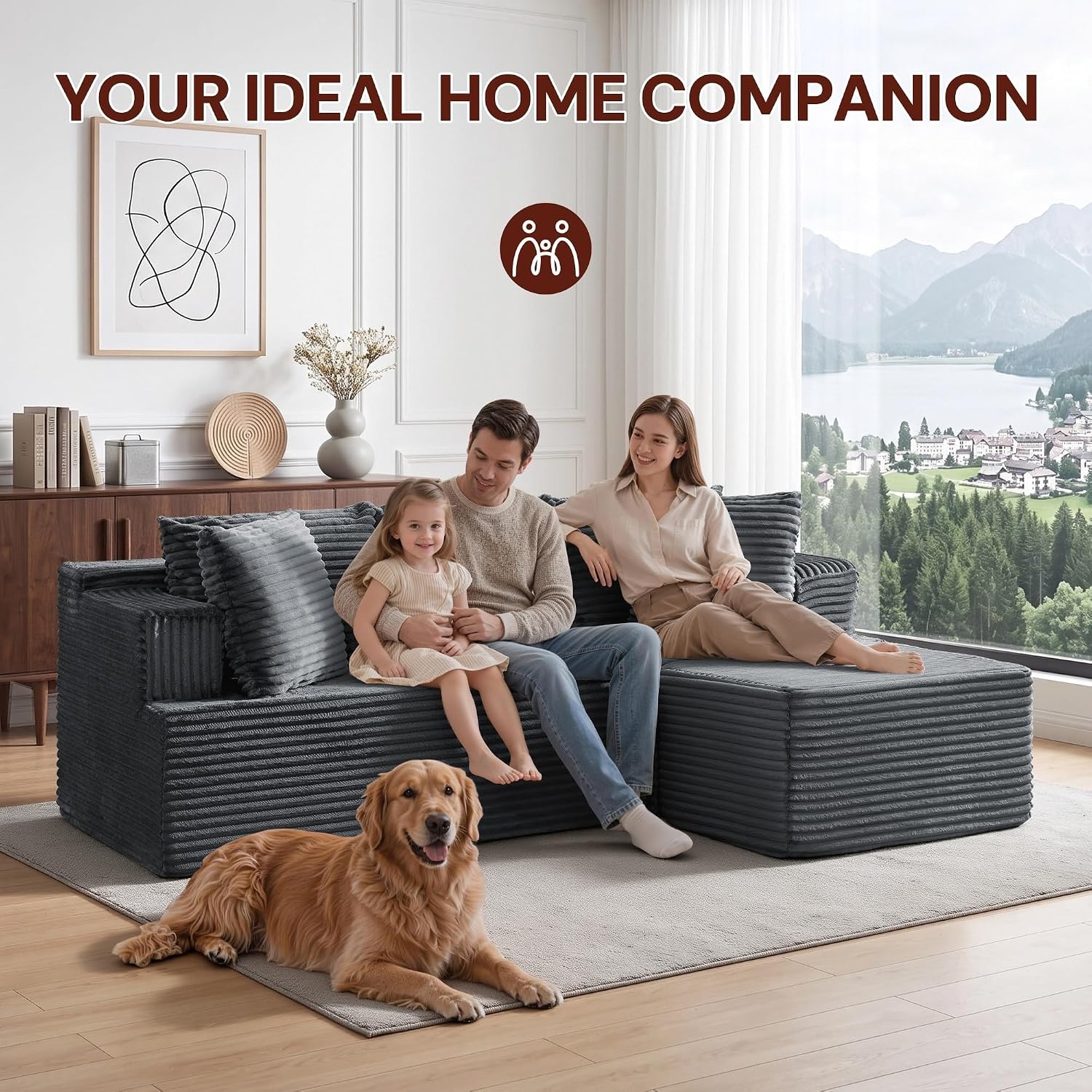 image:imageKorser 110 LShaped Modular Sectional Sofa with Chaise Boneless Comfy Corduroy Fluffy Couch with Deep Seat and Side Pockets Flexible Module Combination for Living Room No Assembly Side PocketsGrey