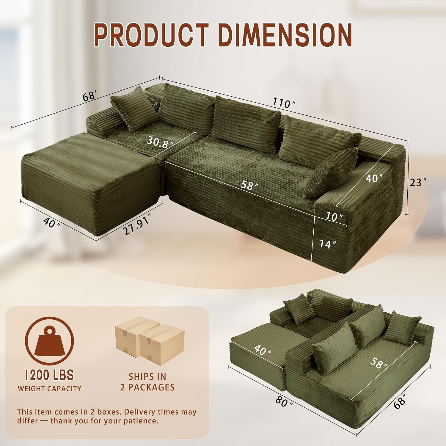 image:imageKorser 110 LShaped Modular Sectional Sofa with Chaise Boneless Comfy Corduroy Fluffy Couch with Deep Seat and Side Pockets Flexible Module Combination for Living Room No Assembly Side PocketsPeacock Green