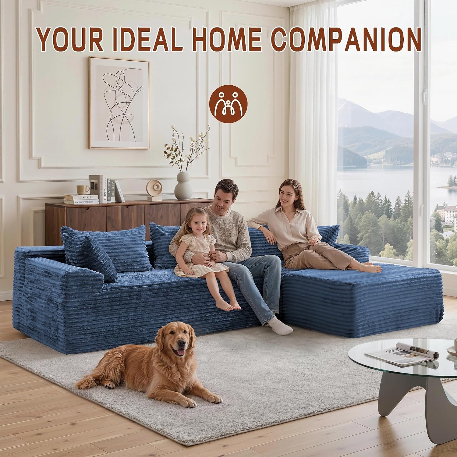 image:imageKorser 110 LShaped Modular Sectional Sofa with Chaise Boneless Comfy Corduroy Fluffy Couch with Deep Seat and Side Pockets Flexible Module Combination for Living Room No Assembly Side PocketsBlue