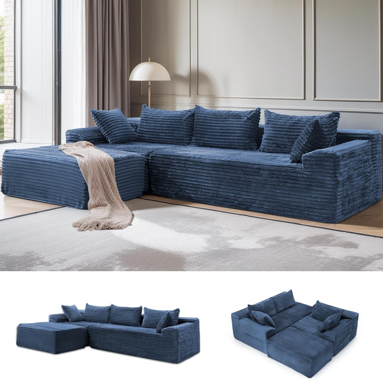 image:imageKorser 110 LShaped Modular Sectional Sofa with Chaise Boneless Comfy Corduroy Fluffy Couch with Deep Seat and Side Pockets Flexible Module Combination for Living Room No Assembly Side PocketsBlue