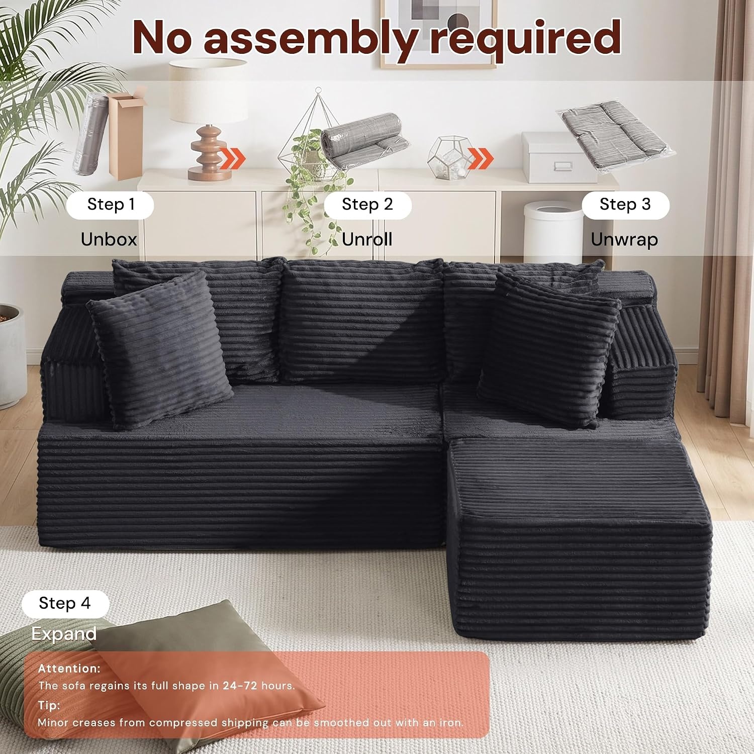 image:imageKorser 110 LShaped Modular Sectional Sofa with Chaise Boneless Comfy Corduroy Fluffy Couch with Deep Seat and Side Pockets Flexible Module Combination for Living Room No Assembly Side PocketsBlack