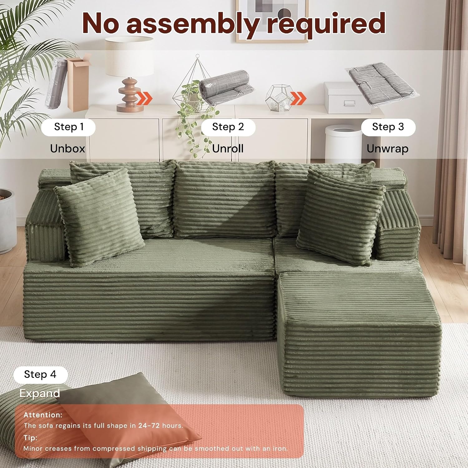 image:imageKorser 110 LShaped Modular Sectional Sofa with Chaise Boneless Comfy Corduroy Fluffy Couch with Deep Seat and Side Pockets Flexible Module Combination for Living Room No Assembly Side PocketsGreen