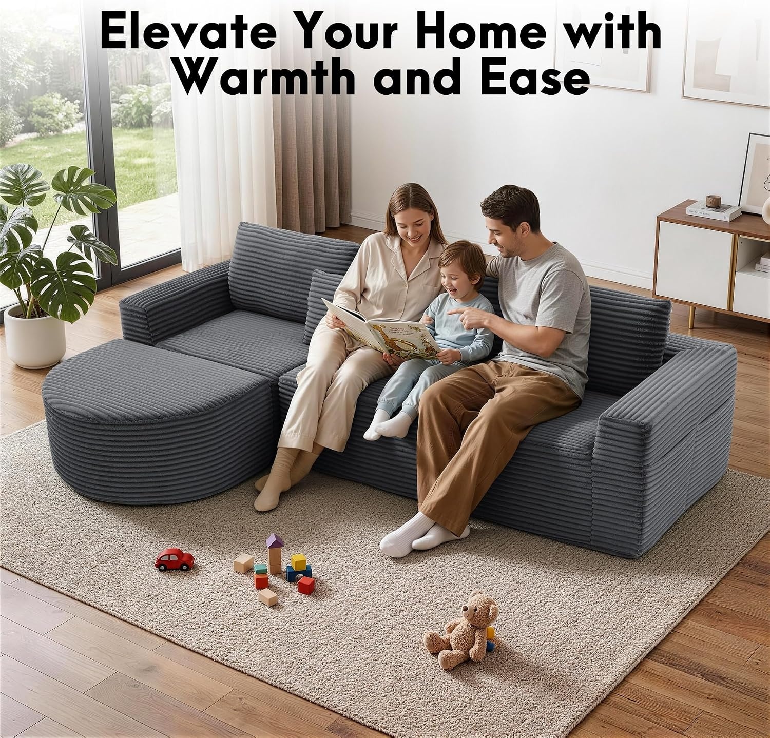 image:imageKorser 110 LShaped Modular Sectional Sofa with Chaise Fluffy Corduroy Cloud Sectional Couch with Deep Seat amp Side Pockets Comfy Upholstered Boneless Couches for Living Room No Assembly BlackGrey