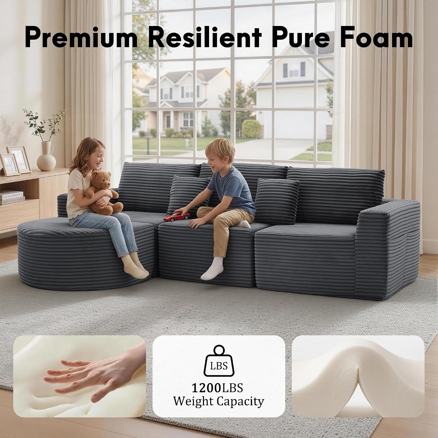image:imageKorser 110 LShaped Modular Sectional Sofa with Chaise Fluffy Corduroy Cloud Sectional Couch with Deep Seat amp Side Pockets Comfy Upholstered Boneless Couches for Living Room No Assembly BlackGrey