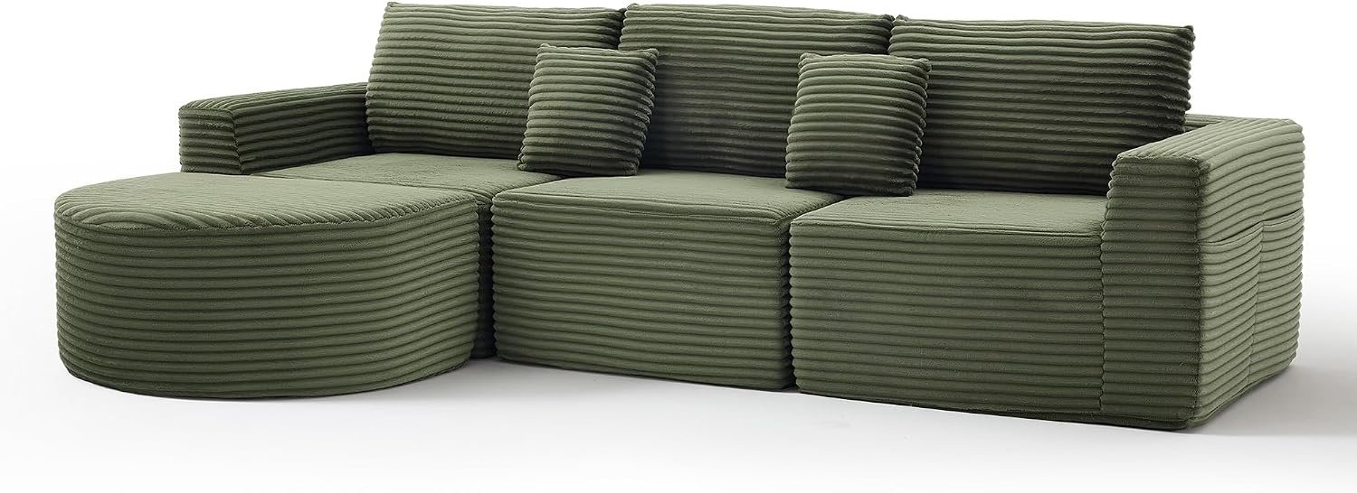 image:imageKorser 110 LShaped Modular Sectional Sofa with Chaise Fluffy Corduroy Cloud Sectional Couch with Deep Seat amp Side Pockets Comfy Upholstered Boneless Couches for Living Room No Assembly BlackGreen