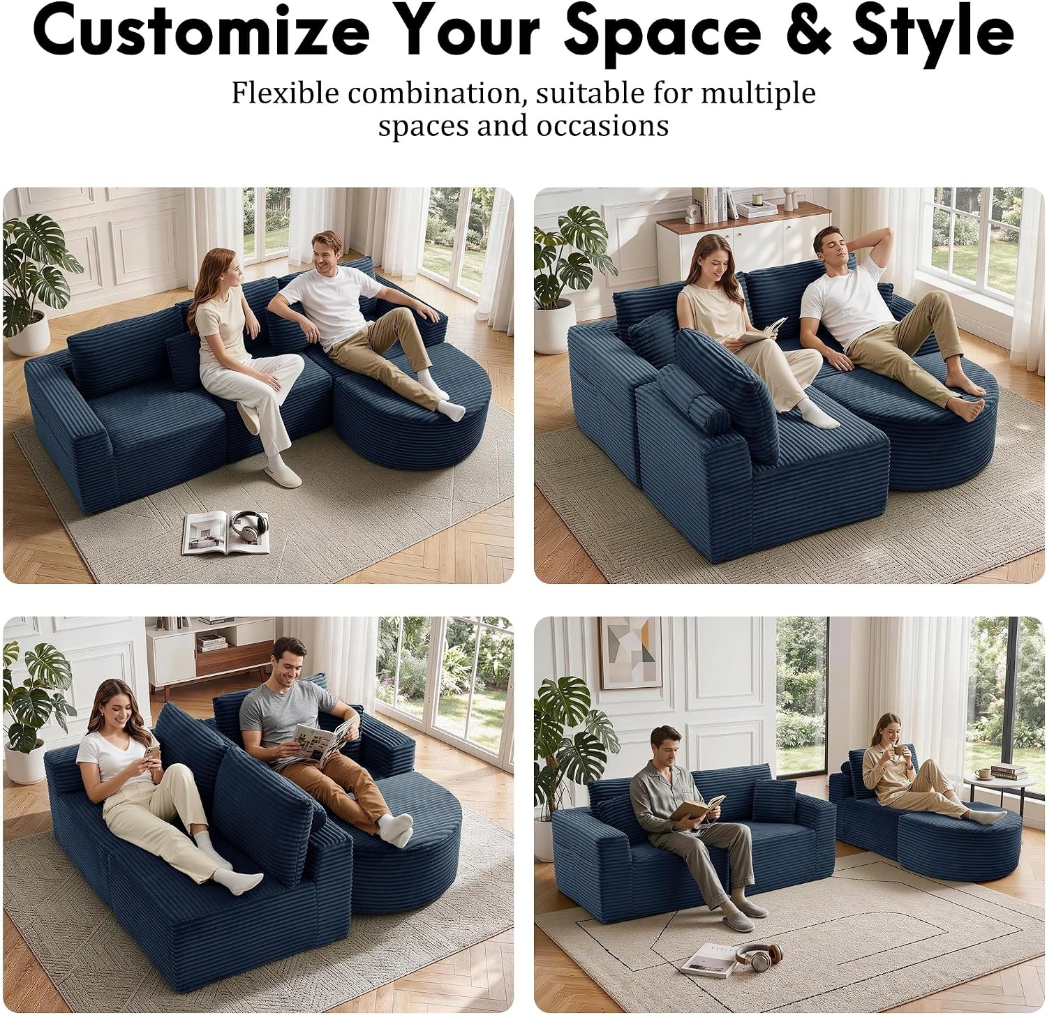 image:imageKorser 110 LShaped Modular Sectional Sofa with Chaise Fluffy Corduroy Cloud Sectional Couch with Deep Seat amp Side Pockets Comfy Upholstered Boneless Couches for Living Room No Assembly BlackBlue