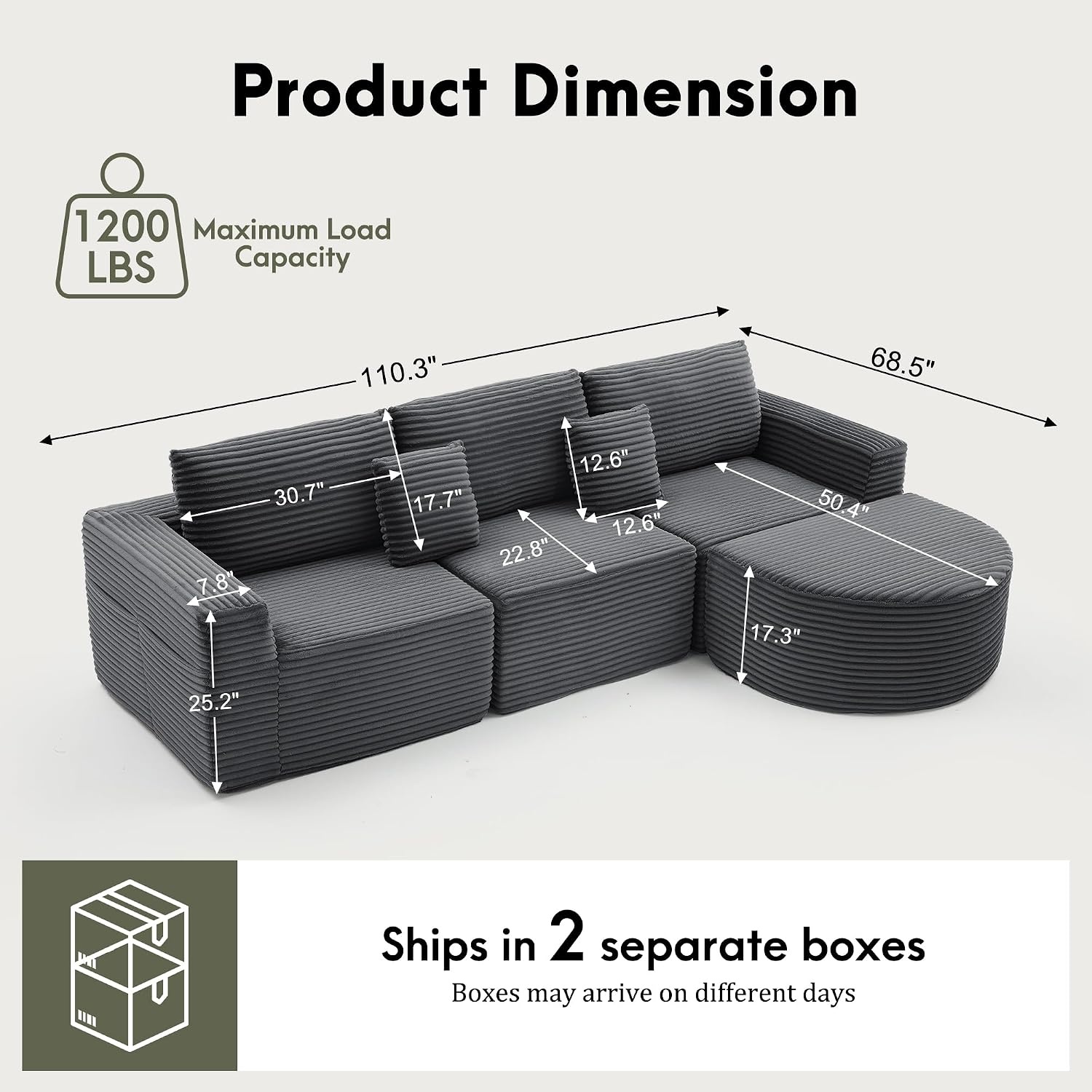 image:imageKorser 110 LShaped Modular Sectional Sofa with Chaise Fluffy Corduroy Cloud Sectional Couch with Deep Seat amp Side Pockets Comfy Upholstered Boneless Couches for Living Room No Assembly BlackGrey