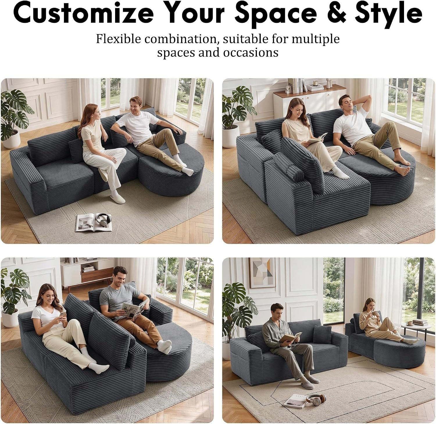 image:imageKorser 110 LShaped Modular Sectional Sofa with Chaise Fluffy Corduroy Cloud Sectional Couch with Deep Seat amp Side Pockets Comfy Upholstered Boneless Couches for Living Room No Assembly BlackGrey