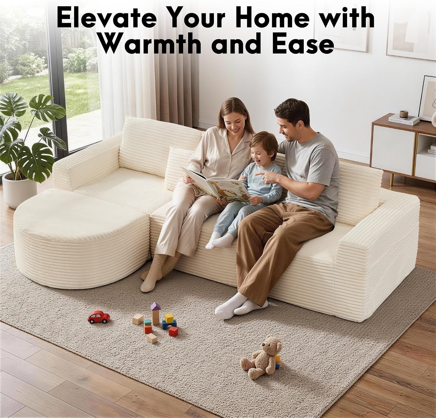 image:imageKorser 110 LShaped Modular Sectional Sofa with Chaise Fluffy Corduroy Cloud Sectional Couch with Deep Seat amp Side Pockets Comfy Upholstered Boneless Couches for Living Room No Assembly BlackBeige