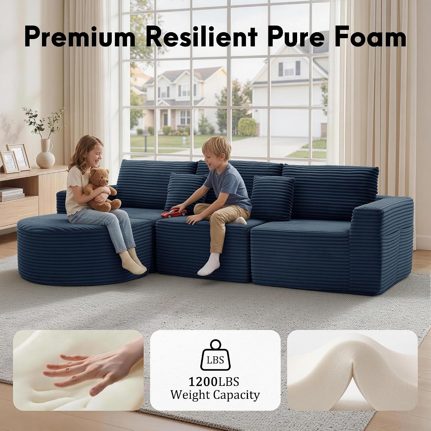 image:imageKorser 110 LShaped Modular Sectional Sofa with Chaise Fluffy Corduroy Cloud Sectional Couch with Deep Seat amp Side Pockets Comfy Upholstered Boneless Couches for Living Room No Assembly BlackBlue