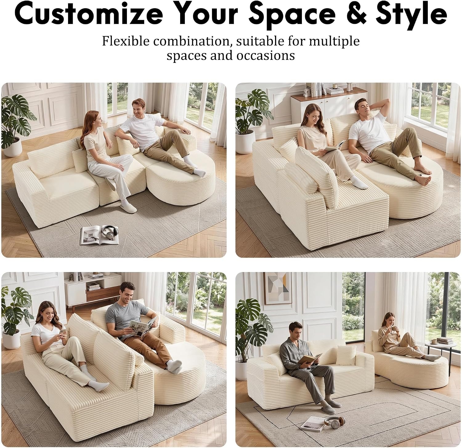image:imageKorser 110 LShaped Modular Sectional Sofa with Chaise Fluffy Corduroy Cloud Sectional Couch with Deep Seat amp Side Pockets Comfy Upholstered Boneless Couches for Living Room No Assembly BlackBeige