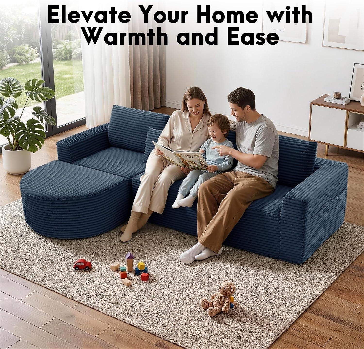 image:imageKorser 110 LShaped Modular Sectional Sofa with Chaise Fluffy Corduroy Cloud Sectional Couch with Deep Seat amp Side Pockets Comfy Upholstered Boneless Couches for Living Room No Assembly BlackBlue
