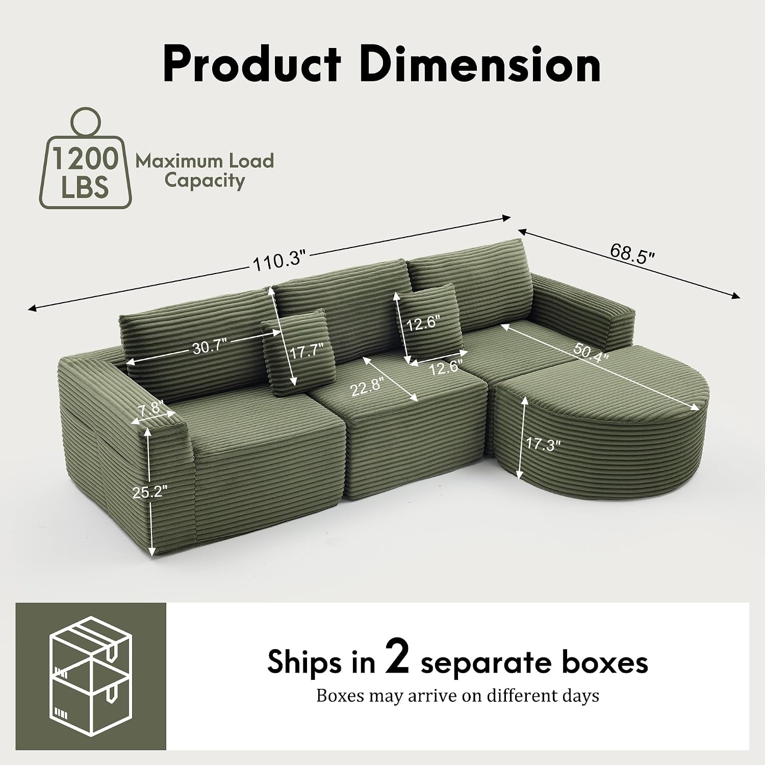 image:imageKorser 110 LShaped Modular Sectional Sofa with Chaise Fluffy Corduroy Cloud Sectional Couch with Deep Seat amp Side Pockets Comfy Upholstered Boneless Couches for Living Room No Assembly BlackGreen