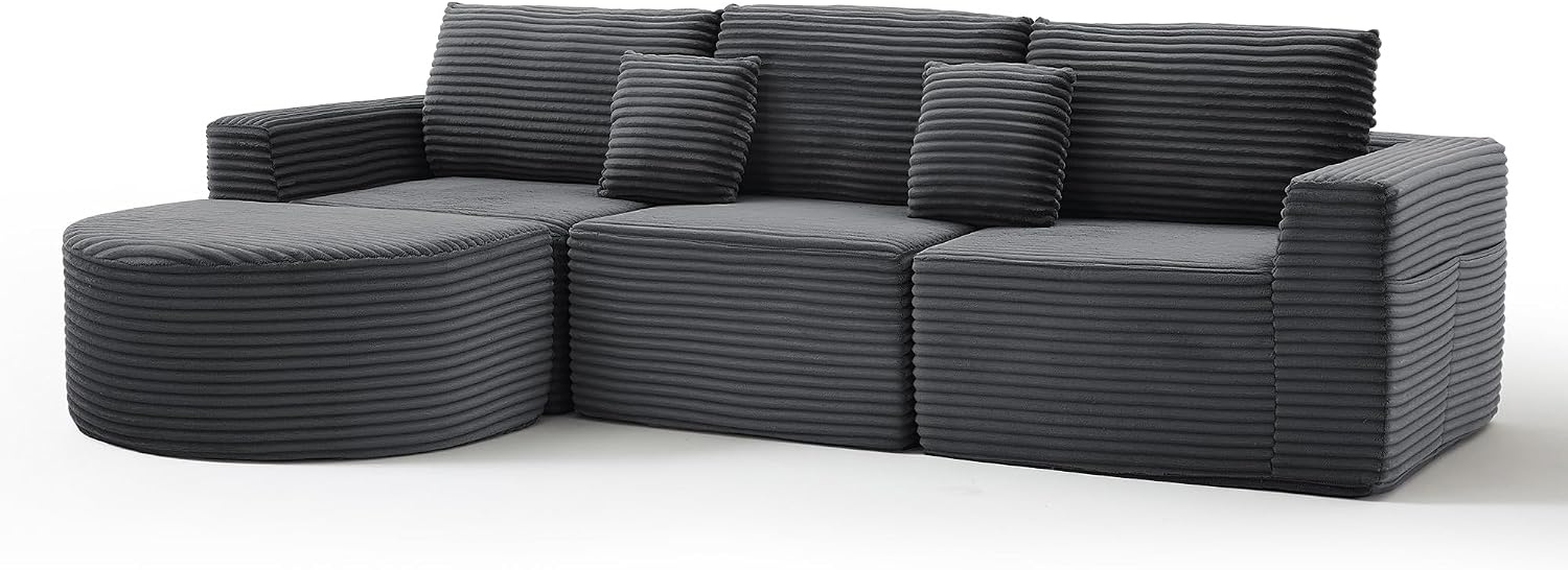 image:imageKorser 110 LShaped Modular Sectional Sofa with Chaise Fluffy Corduroy Cloud Sectional Couch with Deep Seat amp Side Pockets Comfy Upholstered Boneless Couches for Living Room No Assembly BlackGrey