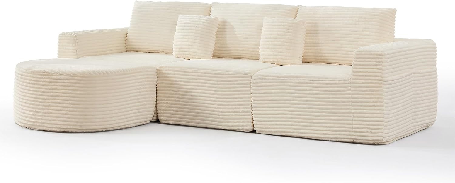image:imageKorser 110 LShaped Modular Sectional Sofa with Chaise Fluffy Corduroy Cloud Sectional Couch with Deep Seat amp Side Pockets Comfy Upholstered Boneless Couches for Living Room No Assembly BlackBeige