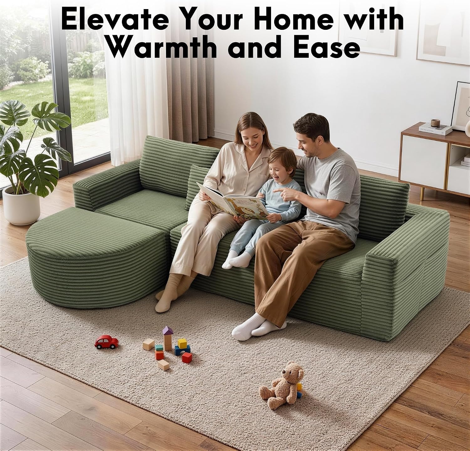 image:imageKorser 110 LShaped Modular Sectional Sofa with Chaise Fluffy Corduroy Cloud Sectional Couch with Deep Seat amp Side Pockets Comfy Upholstered Boneless Couches for Living Room No Assembly BlackGreen