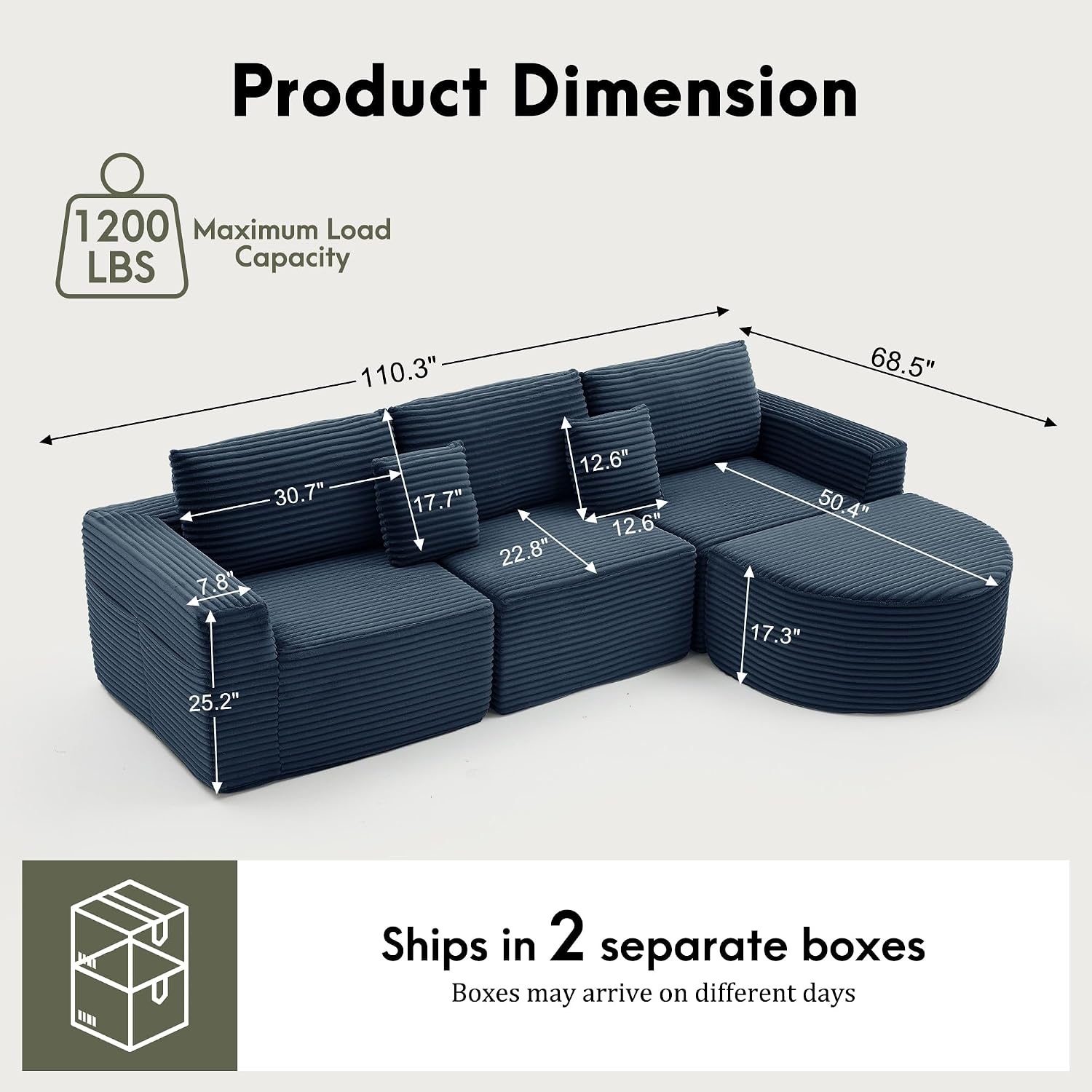 image:imageKorser 110 LShaped Modular Sectional Sofa with Chaise Fluffy Corduroy Cloud Sectional Couch with Deep Seat amp Side Pockets Comfy Upholstered Boneless Couches for Living Room No Assembly BlackBlue