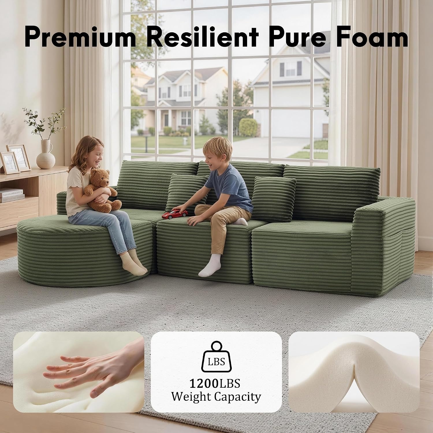 image:imageKorser 110 LShaped Modular Sectional Sofa with Chaise Fluffy Corduroy Cloud Sectional Couch with Deep Seat amp Side Pockets Comfy Upholstered Boneless Couches for Living Room No Assembly BlackGreen