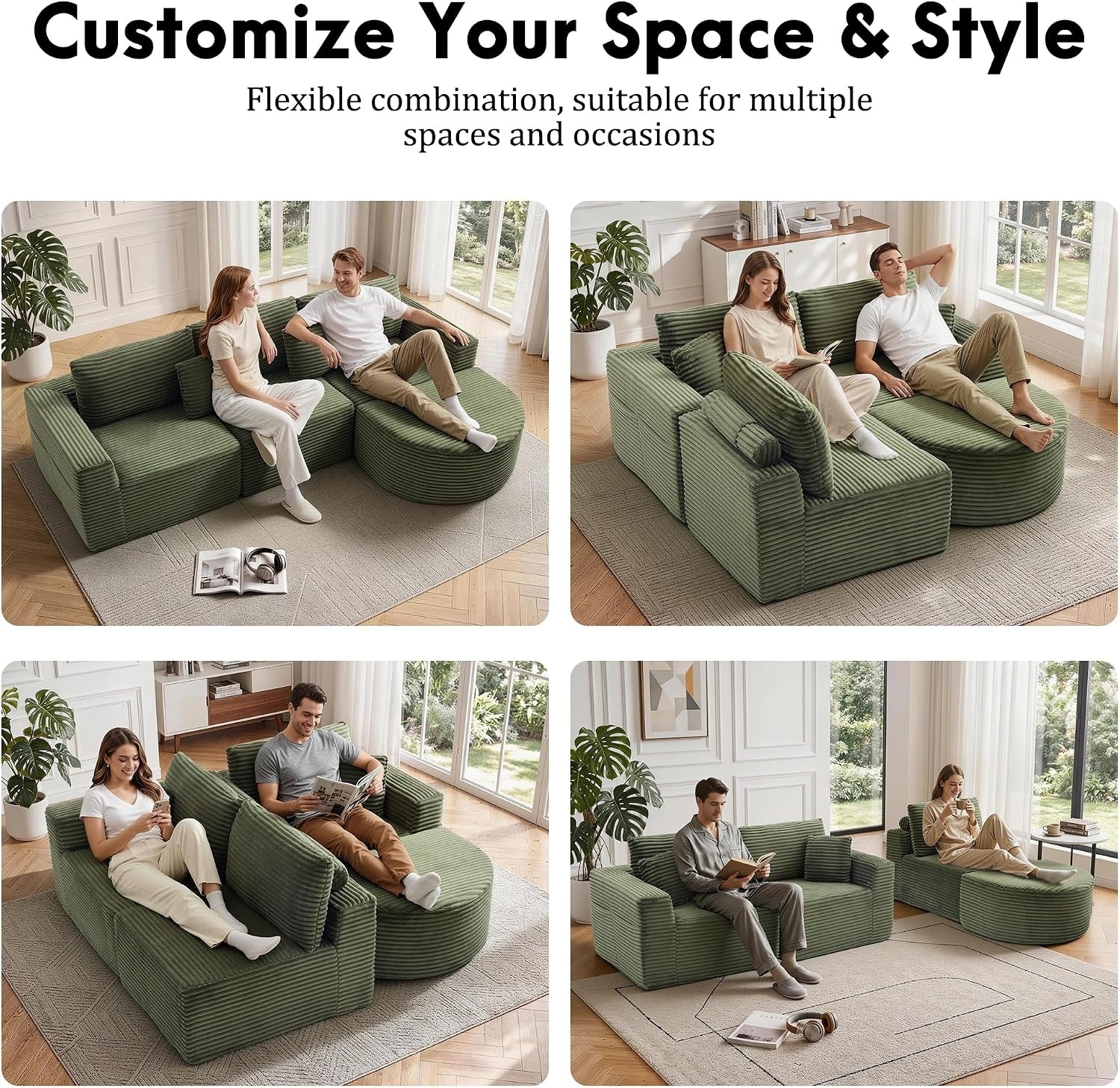 image:imageKorser 110 LShaped Modular Sectional Sofa with Chaise Fluffy Corduroy Cloud Sectional Couch with Deep Seat amp Side Pockets Comfy Upholstered Boneless Couches for Living Room No Assembly BlackGreen