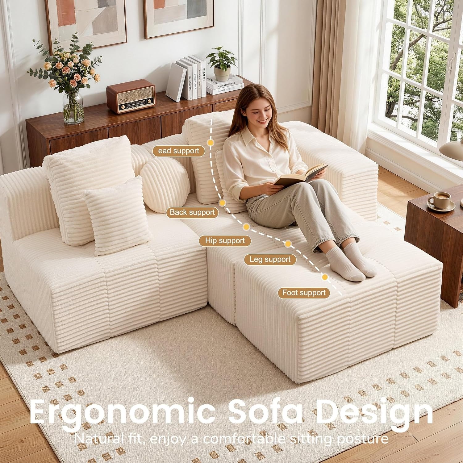 image:imageKorser 118 Cloud Sectional Couches with Chaise Boneless Couch with Ottoman Modular Sectional Sofa with Deep Seat No Assembly Required Upholstered Corduroy Boneless Couches for Living Room BlackBeige