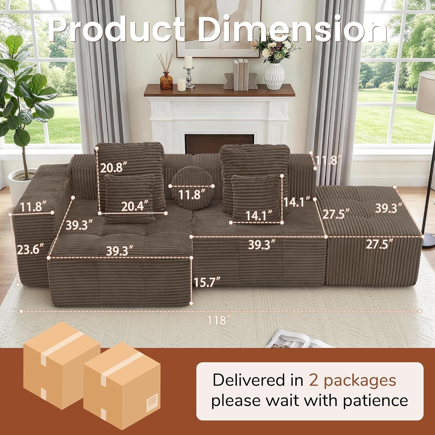 image:imageKorser 118 Cloud Sectional Couches with Chaise Boneless Couch with Ottoman Modular Sectional Sofa with Deep Seat No Assembly Required Upholstered Corduroy Boneless Couches for Living Room BlackBrown