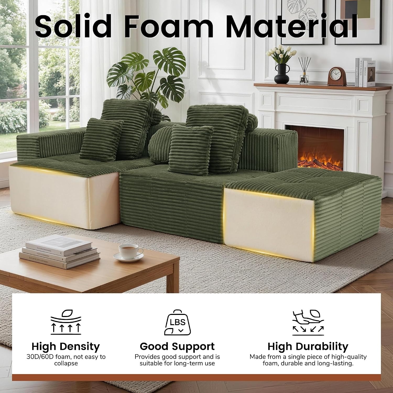 image:imageKorser 118 Cloud Sectional Couches with Chaise Boneless Couch with Ottoman Modular Sectional Sofa with Deep Seat No Assembly Required Upholstered Corduroy Boneless Couches for Living Room BlackGreen