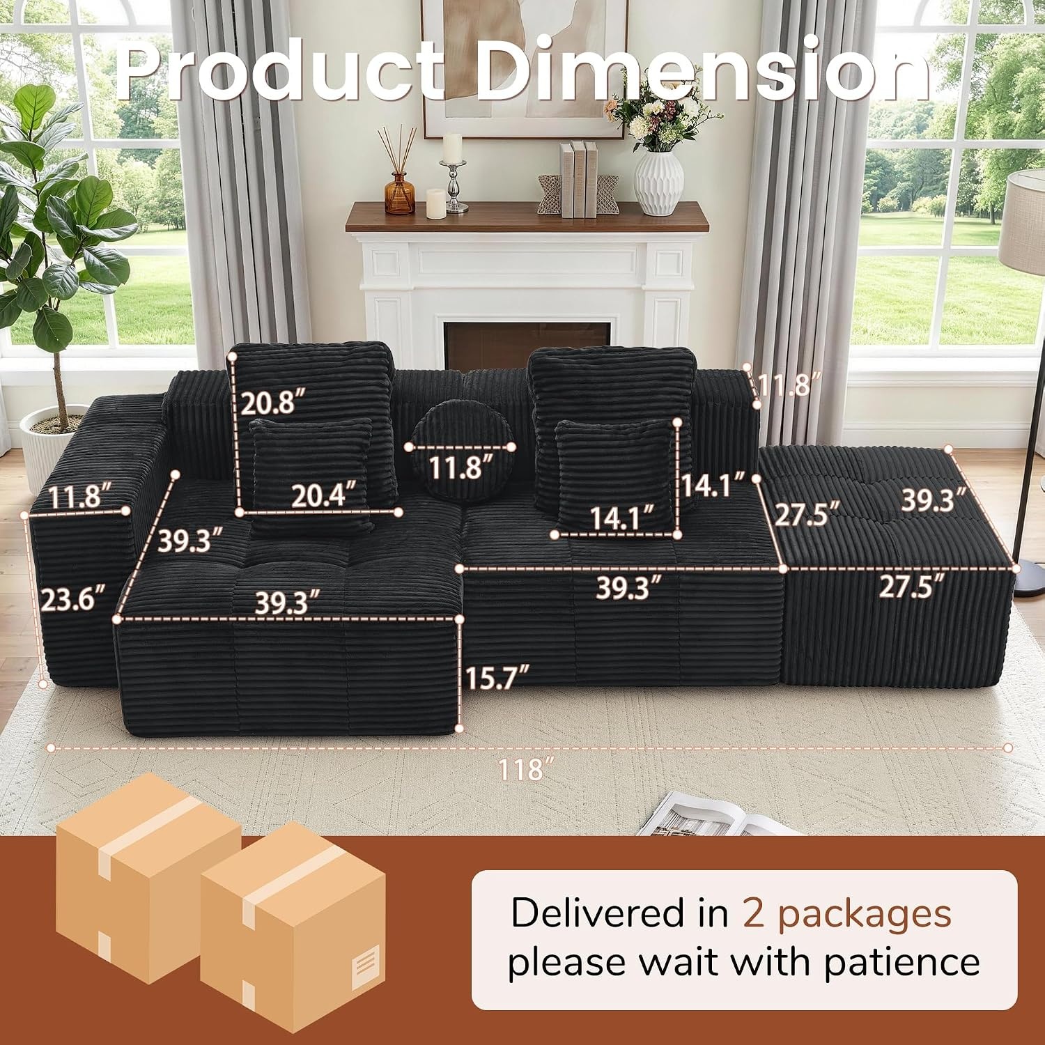 image:imageKorser 118 Cloud Sectional Couches with Chaise Boneless Couch with Ottoman Modular Sectional Sofa with Deep Seat No Assembly Required Upholstered Corduroy Boneless Couches for Living Room BlackBlack