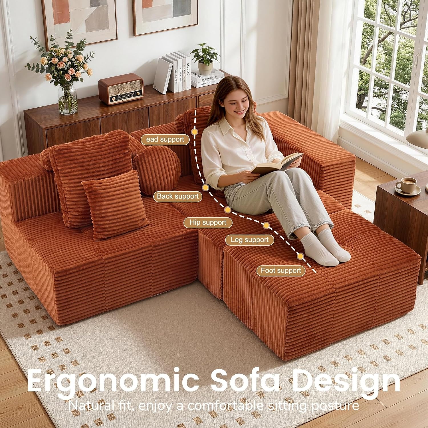image:imageKorser 118 Cloud Sectional Couches with Chaise Boneless Couch with Ottoman Modular Sectional Sofa with Deep Seat No Assembly Required Upholstered Corduroy Boneless Couches for Living Room BlackOrange