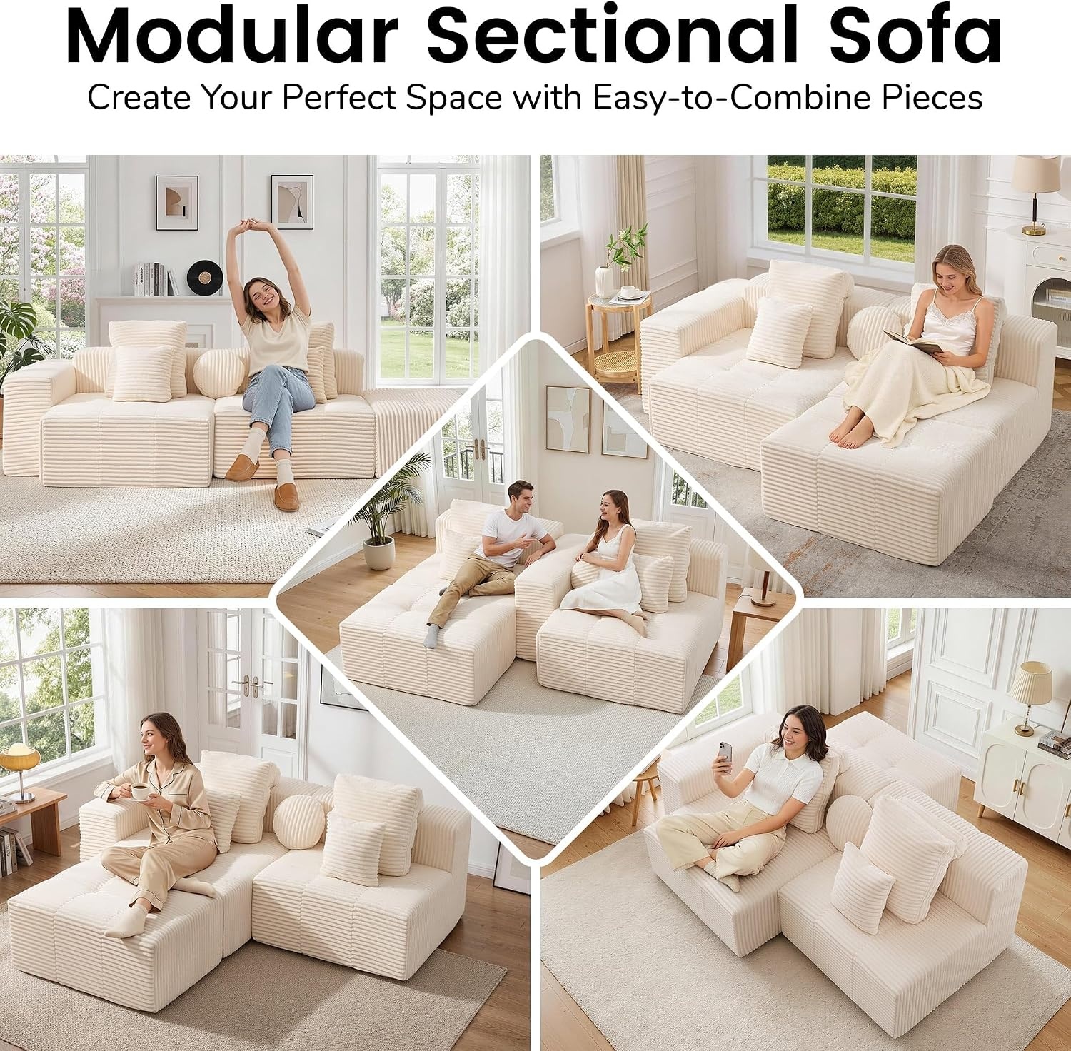 image:imageKorser 118 Cloud Sectional Couches with Chaise Boneless Couch with Ottoman Modular Sectional Sofa with Deep Seat No Assembly Required Upholstered Corduroy Boneless Couches for Living Room BlackBeige