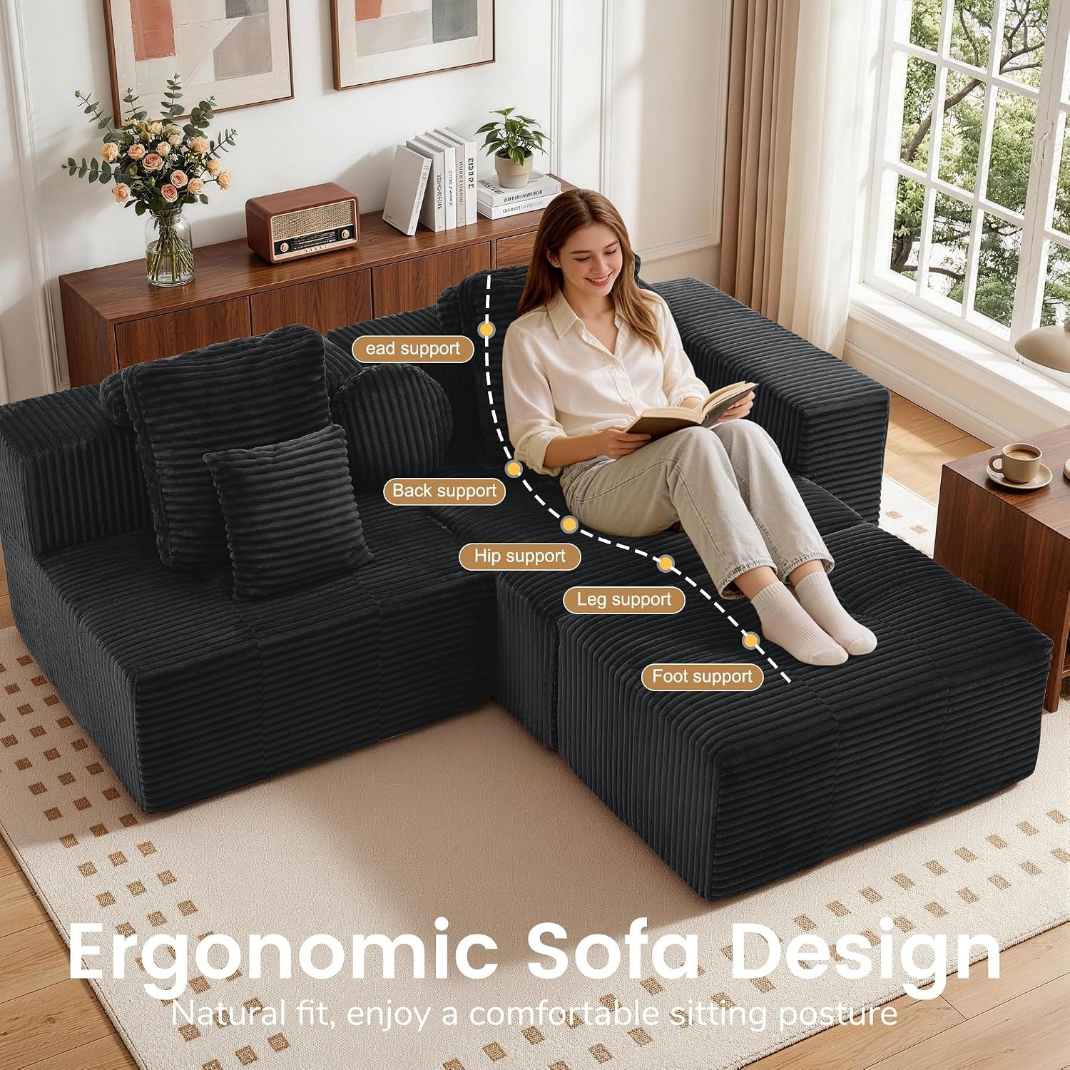 image:imageKorser 118 Cloud Sectional Couches with Chaise Boneless Couch with Ottoman Modular Sectional Sofa with Deep Seat No Assembly Required Upholstered Corduroy Boneless Couches for Living Room BlackBlack