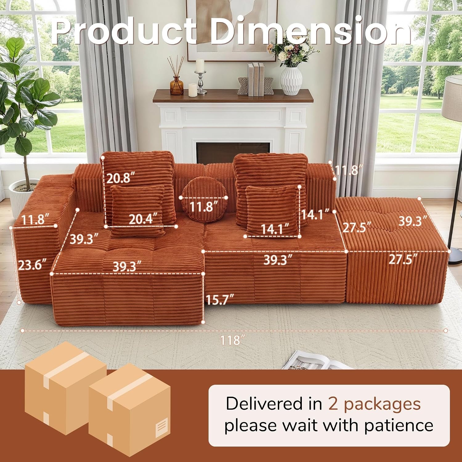 image:imageKorser 118 Cloud Sectional Couches with Chaise Boneless Couch with Ottoman Modular Sectional Sofa with Deep Seat No Assembly Required Upholstered Corduroy Boneless Couches for Living Room BlackOrange