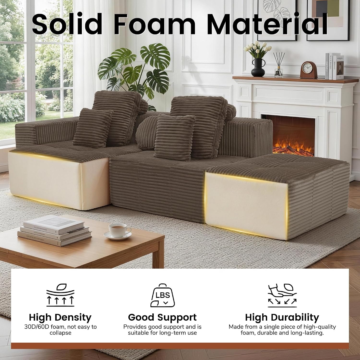 image:imageKorser 118 Cloud Sectional Couches with Chaise Boneless Couch with Ottoman Modular Sectional Sofa with Deep Seat No Assembly Required Upholstered Corduroy Boneless Couches for Living Room BlackBrown