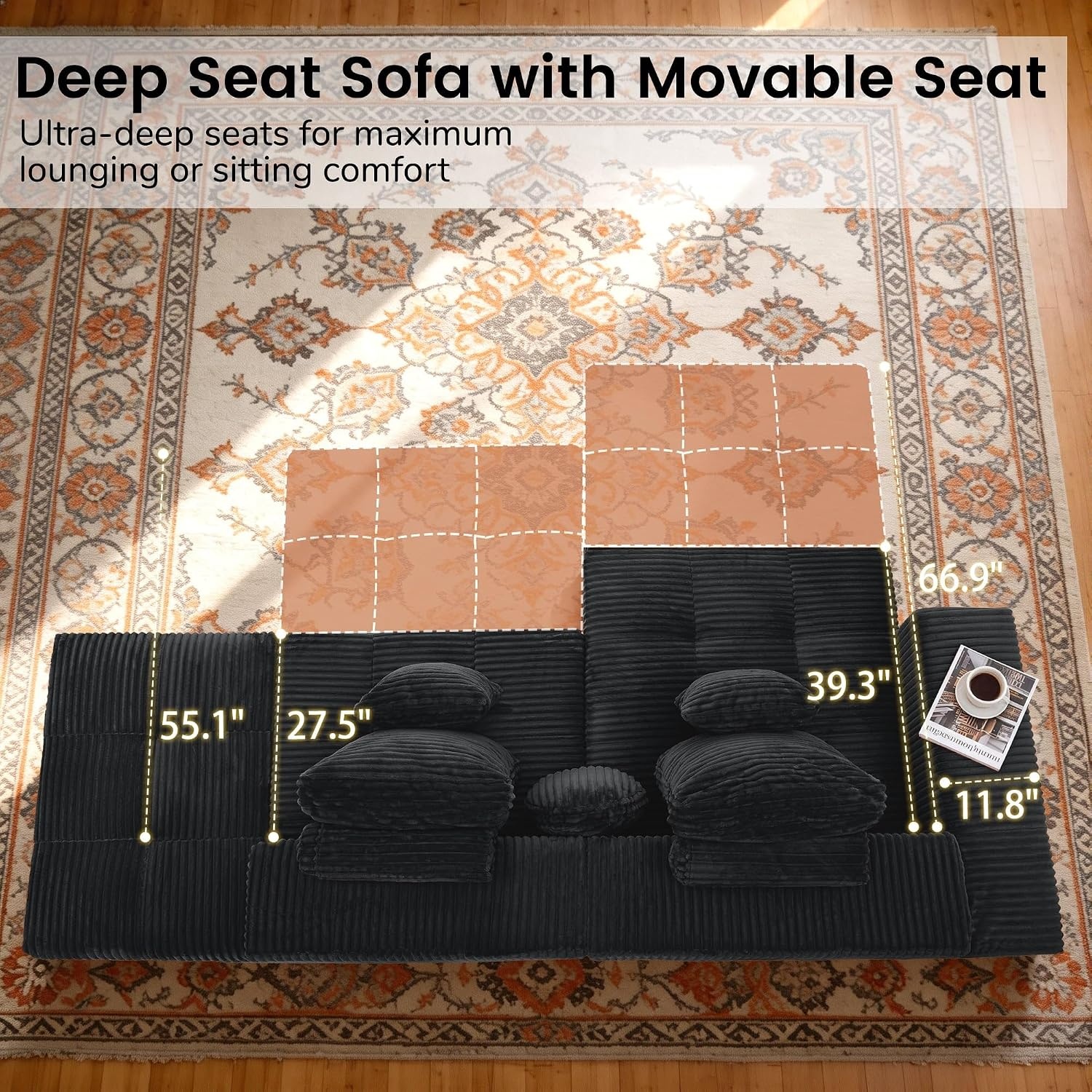 image:imageKorser 118 Cloud Sectional Couches with Chaise Boneless Couch with Ottoman Modular Sectional Sofa with Deep Seat No Assembly Required Upholstered Corduroy Boneless Couches for Living Room BlackBlack