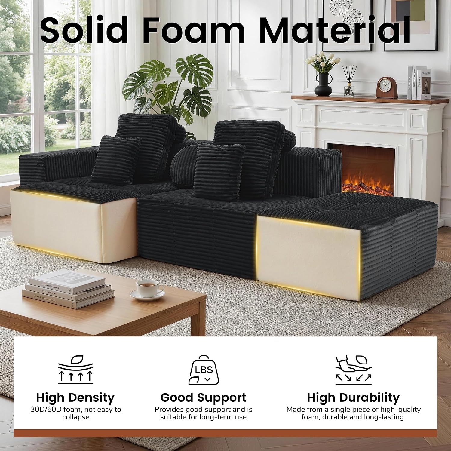 image:imageKorser 118 Cloud Sectional Couches with Chaise Boneless Couch with Ottoman Modular Sectional Sofa with Deep Seat No Assembly Required Upholstered Corduroy Boneless Couches for Living Room BlackBlack