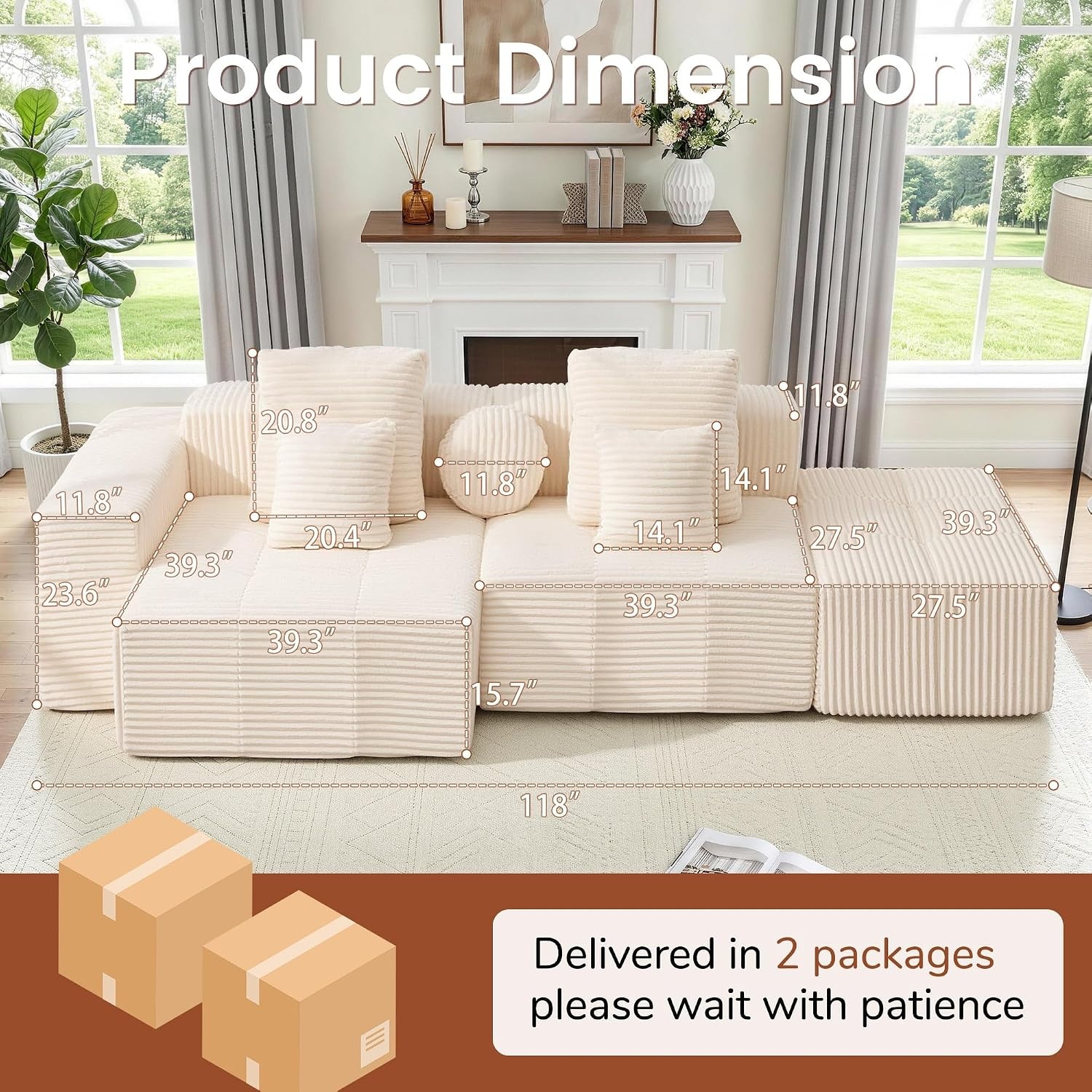 image:imageKorser 118 Cloud Sectional Couches with Chaise Boneless Couch with Ottoman Modular Sectional Sofa with Deep Seat No Assembly Required Upholstered Corduroy Boneless Couches for Living Room BlackBeige