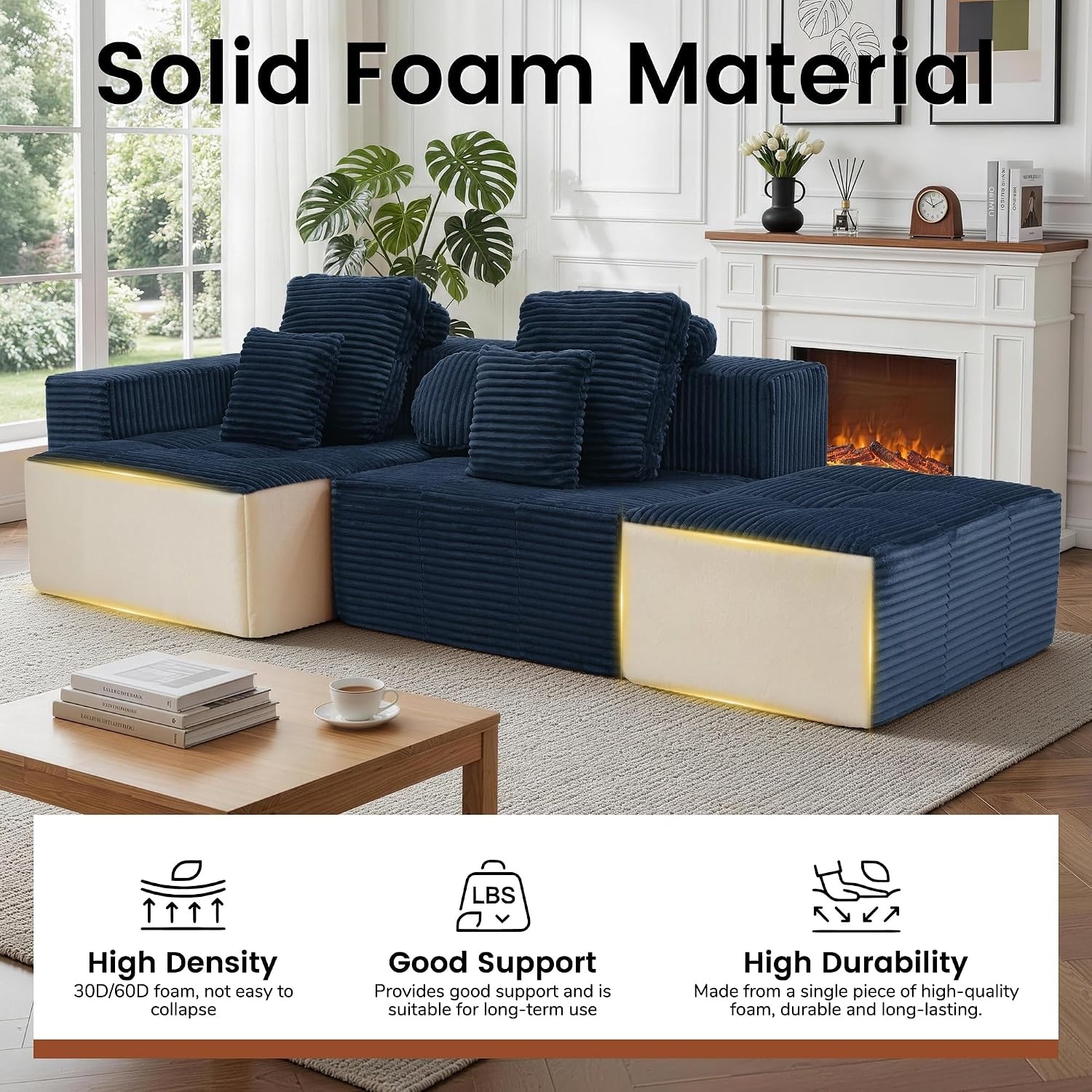 image:imageKorser 118 Cloud Sectional Couches with Chaise Boneless Couch with Ottoman Modular Sectional Sofa with Deep Seat No Assembly Required Upholstered Corduroy Boneless Couches for Living Room BlackBlue