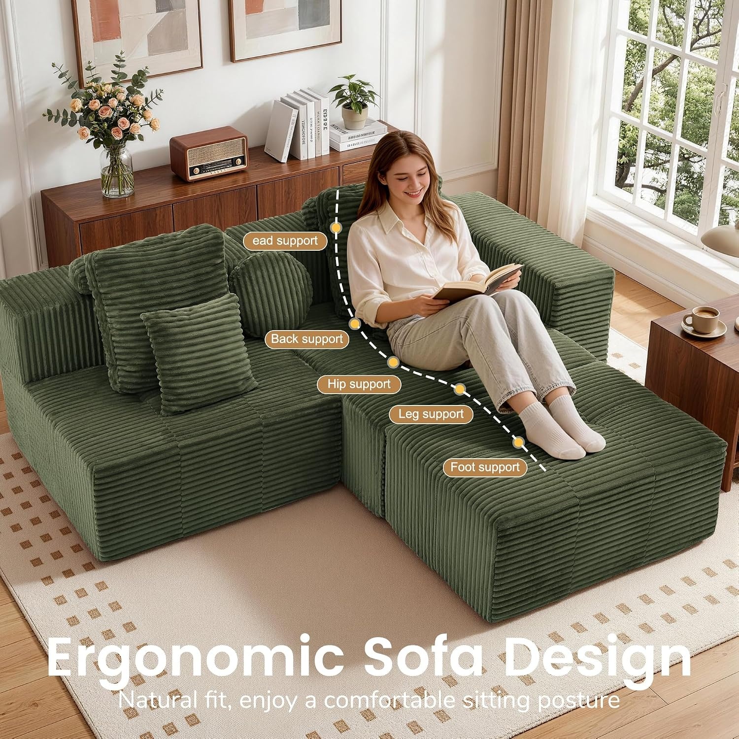 image:imageKorser 118 Cloud Sectional Couches with Chaise Boneless Couch with Ottoman Modular Sectional Sofa with Deep Seat No Assembly Required Upholstered Corduroy Boneless Couches for Living Room BlackGreen