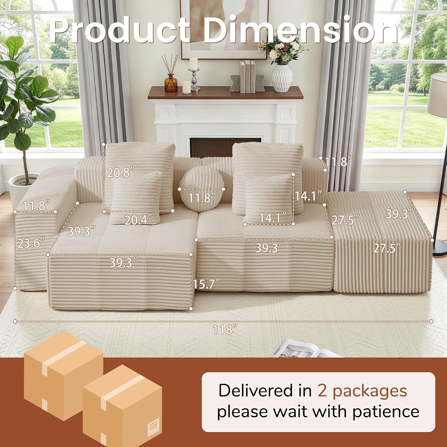 image:imageKorser 118 Cloud Sectional Couches with Chaise Boneless Couch with Ottoman Modular Sectional Sofa with Deep Seat No Assembly Required Upholstered Corduroy Boneless Couches for Living Room BlackKhaki