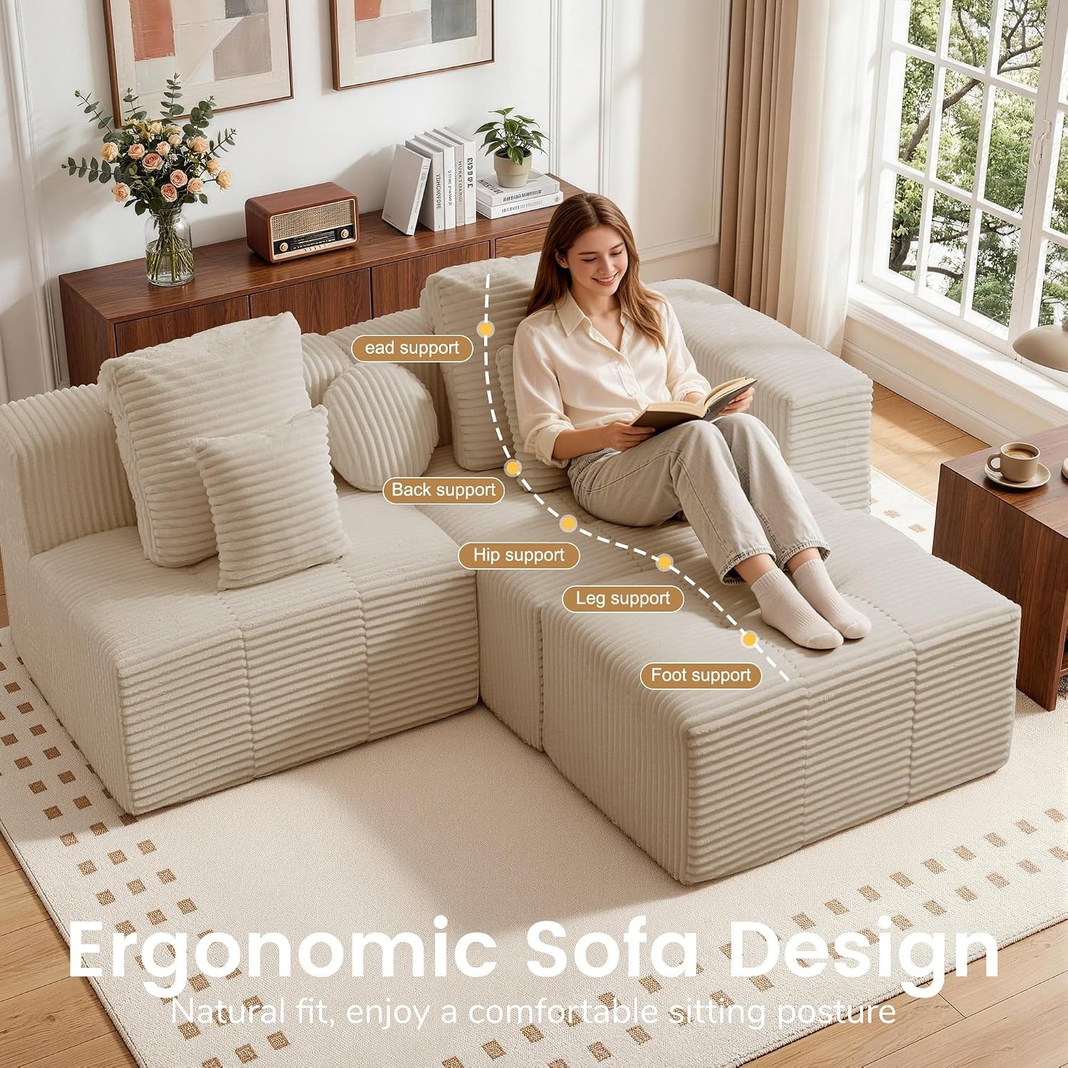image:imageKorser 118 Cloud Sectional Couches with Chaise Boneless Couch with Ottoman Modular Sectional Sofa with Deep Seat No Assembly Required Upholstered Corduroy Boneless Couches for Living Room BlackKhaki
