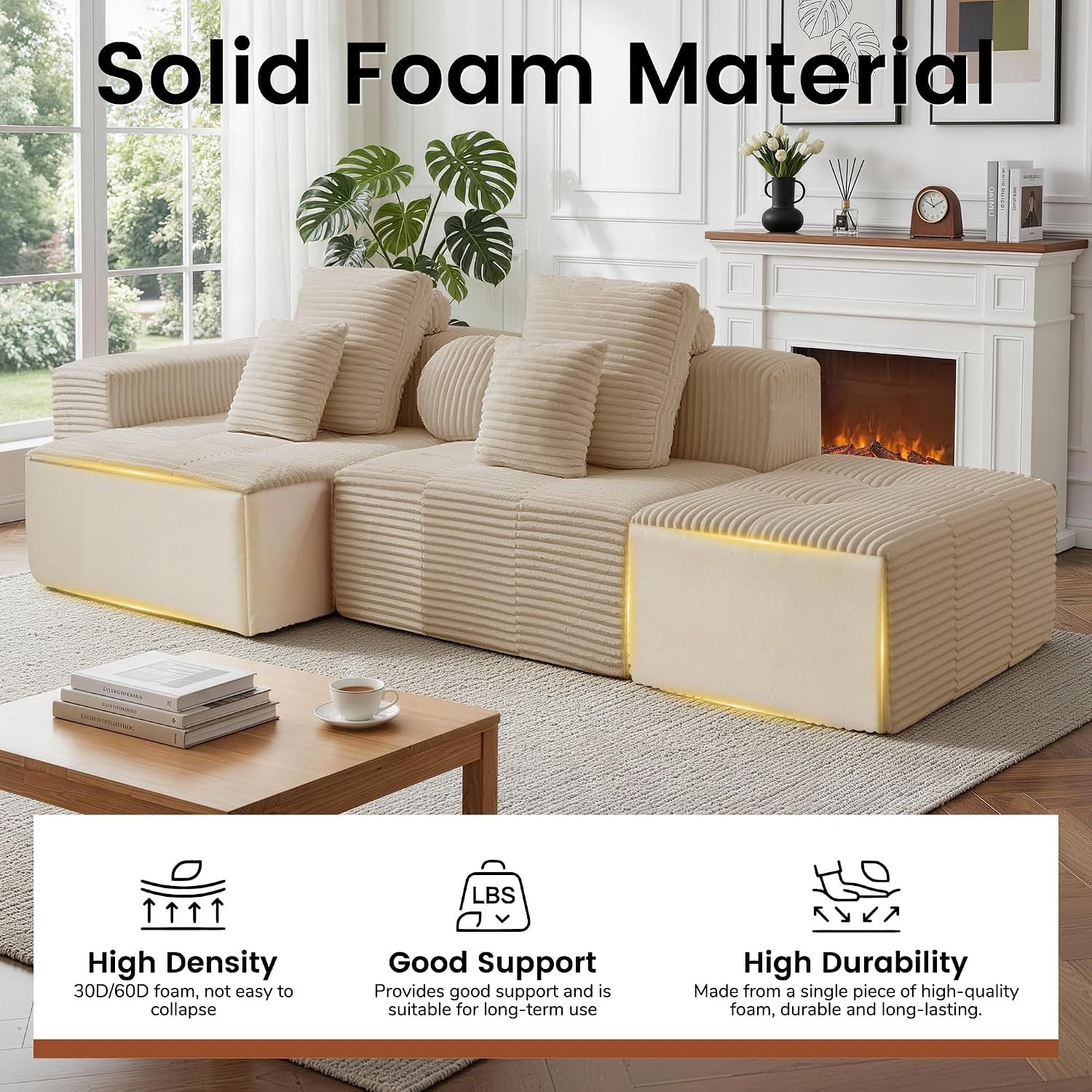 image:imageKorser 118 Cloud Sectional Couches with Chaise Boneless Couch with Ottoman Modular Sectional Sofa with Deep Seat No Assembly Required Upholstered Corduroy Boneless Couches for Living Room BlackKhaki