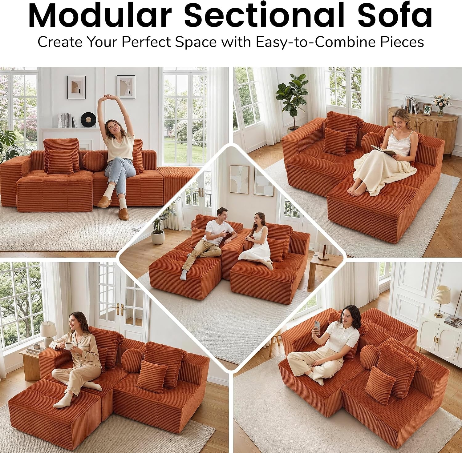 image:imageKorser 118 Cloud Sectional Couches with Chaise Boneless Couch with Ottoman Modular Sectional Sofa with Deep Seat No Assembly Required Upholstered Corduroy Boneless Couches for Living Room BlackOrange